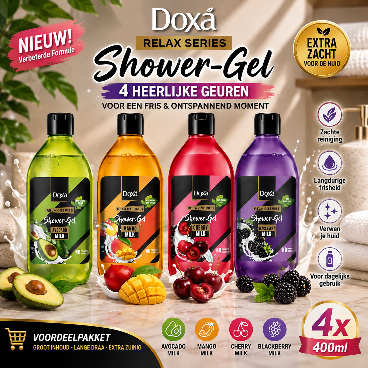 Doxá Relax Series Shower Gel Voordeelpakket – 4 Heerlijke Geuren (4 × 400 ml)