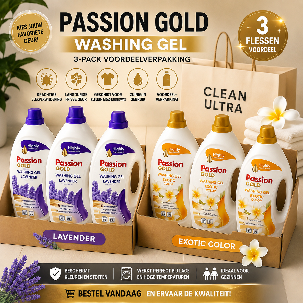 Passion Gold Wasgel Voordeelpakket – 3 Stuks | Exotic & Lavender Geuren
