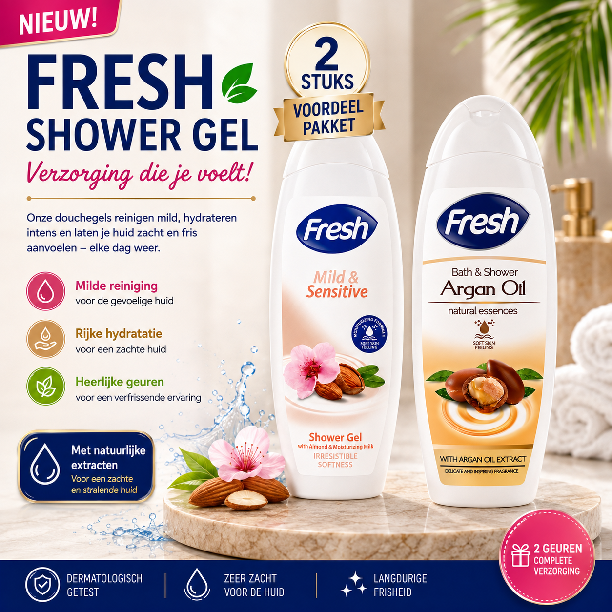 Fresh Shower Gel Voordeelpakket – 2 Stuks | Mild & Sensitive + Argan Oil | Hydraterende Douchegel voor Dagelijks Gebruik