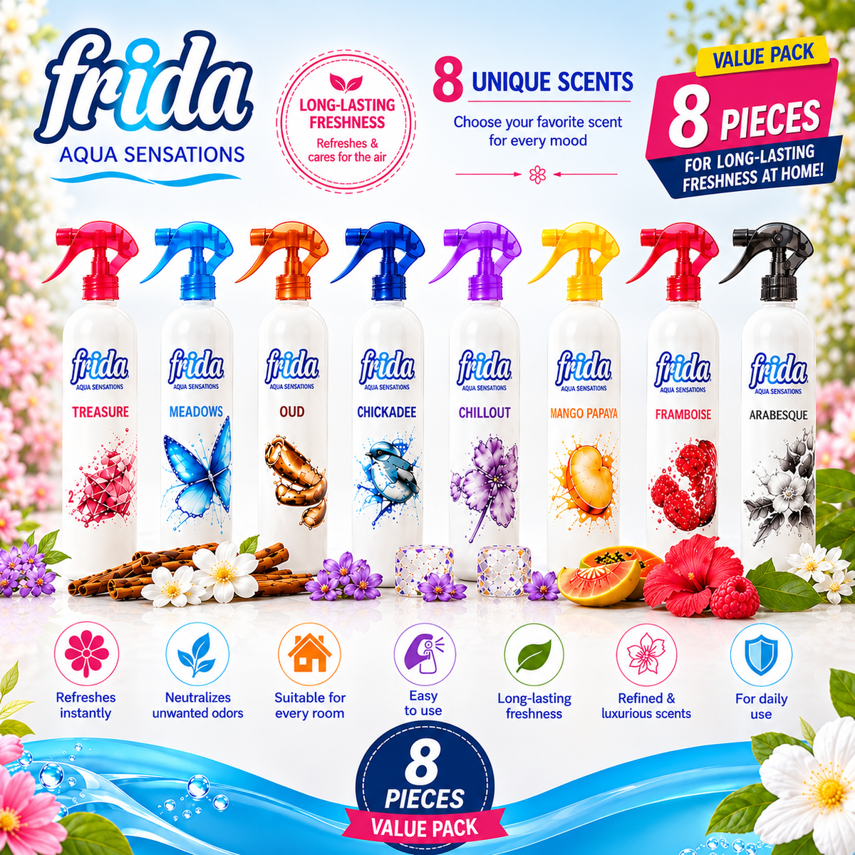 8X Frida Aqua Sensations Luchtverfrisser Spray – 8 Unieke Geuren voor een Langdurig Frisse Woning
