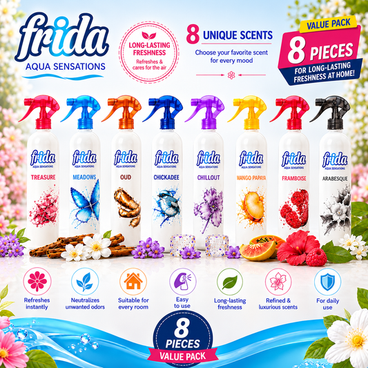 8X Frida Aqua Sensations Luchtverfrisser Spray – 8 Unieke Geuren voor een Langdurig Frisse Woning