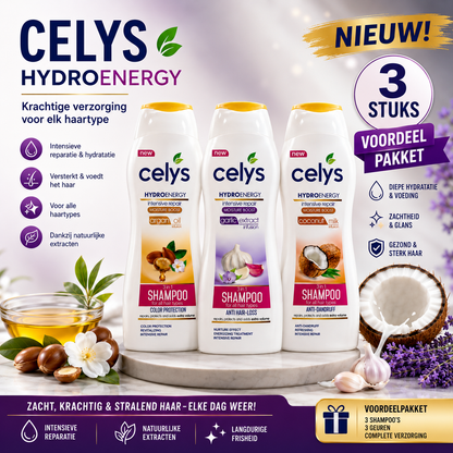Celys Hydroenergy Shampoo Voordeelpakket – 3 Stuks | Argan Oil, Garlic Extract & Coconut Milk | Complete Haarverzorging