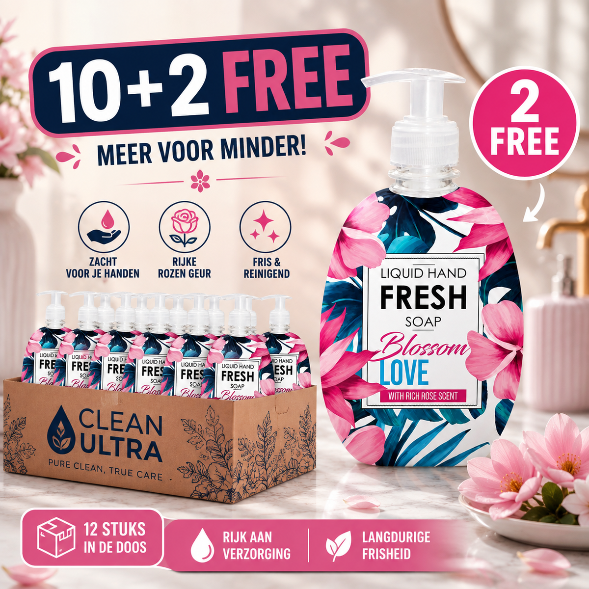 10 + 2 Gratis Liquid Hand Soap Bolssom Love 500ml – Voordeelpakket van 12 Stuks | Langdurig Fris & Zacht voor de Handen