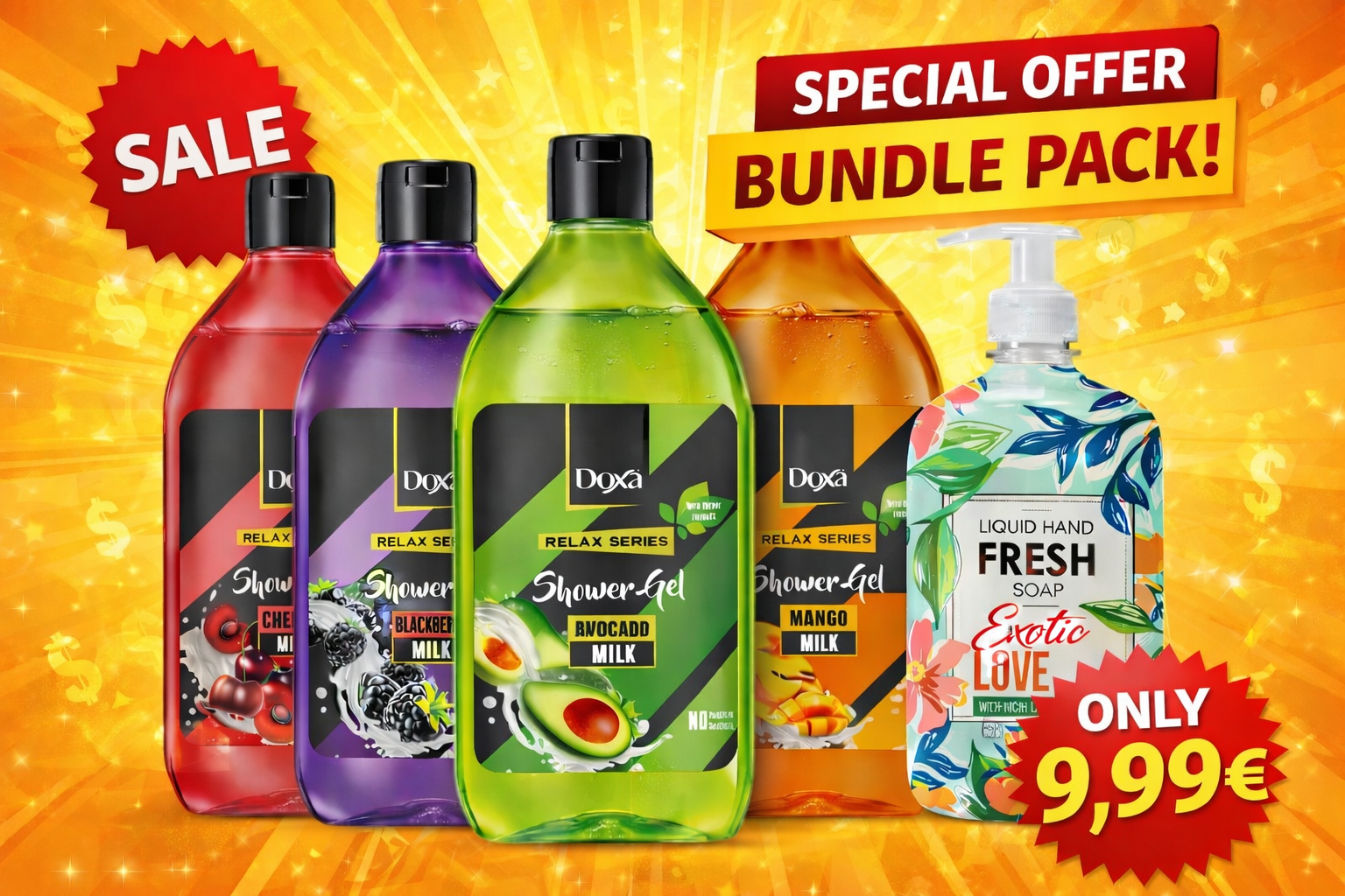 Diverse range of shower gel bottles with a 'Special Offer Bundle Pack' on an orange background