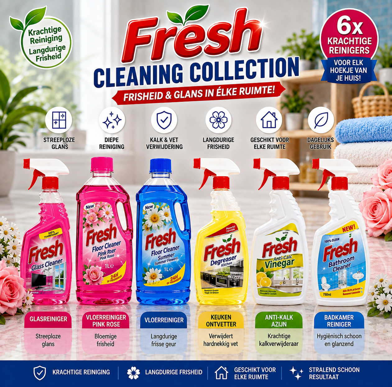 Fresh Cleaning Collection – 6-delig Voordeelpakket | Complete Reinigingsset voor het Hele Huis