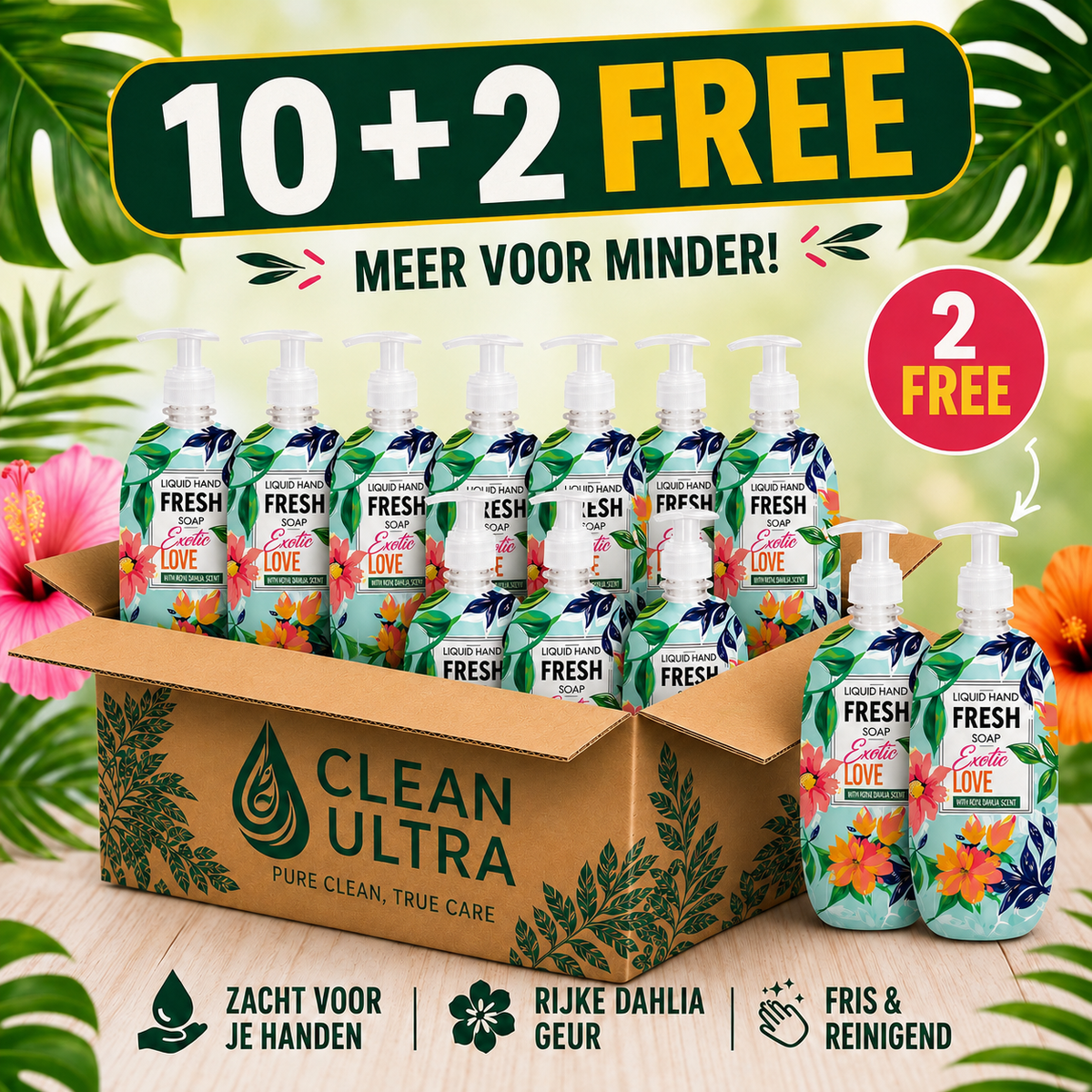 10 + 2 Gratis Liquid Hand Soap Exotic Love 500ml – Voordeelpakket van 12 Stuks | Langdurig Fris & Zacht voor de Handen