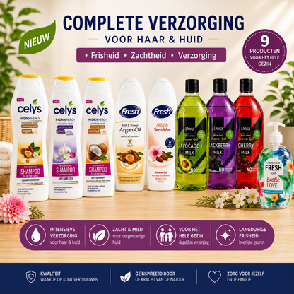 9-Delige Verzorgingsset – Shampoo, Douchegel & Handzeep – Celys, Fresh & Doxa – Voor Haar & Lichaam