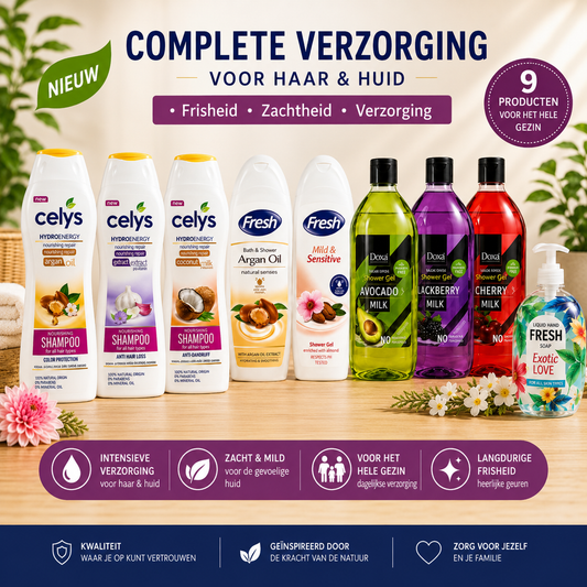 9-Delige Verzorgingsset – Shampoo, Douchegel & Handzeep – Celys, Fresh & Doxa – Voor Haar & Lichaam