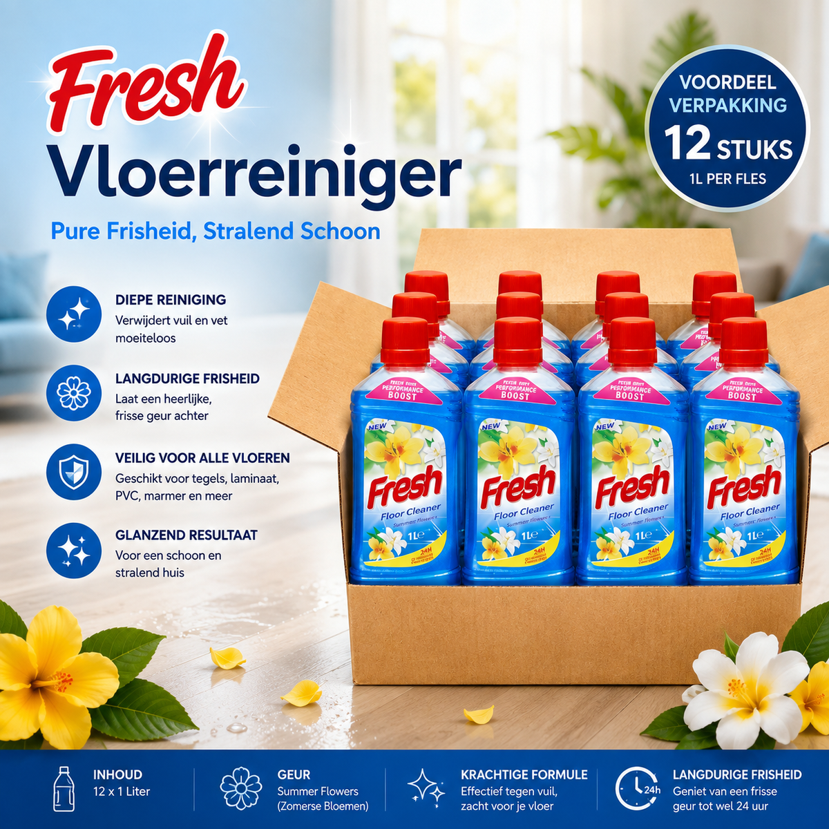 Fresh Vloerreiniger Summer Flowers 1L – Voordeelverpakking 12 Stuks