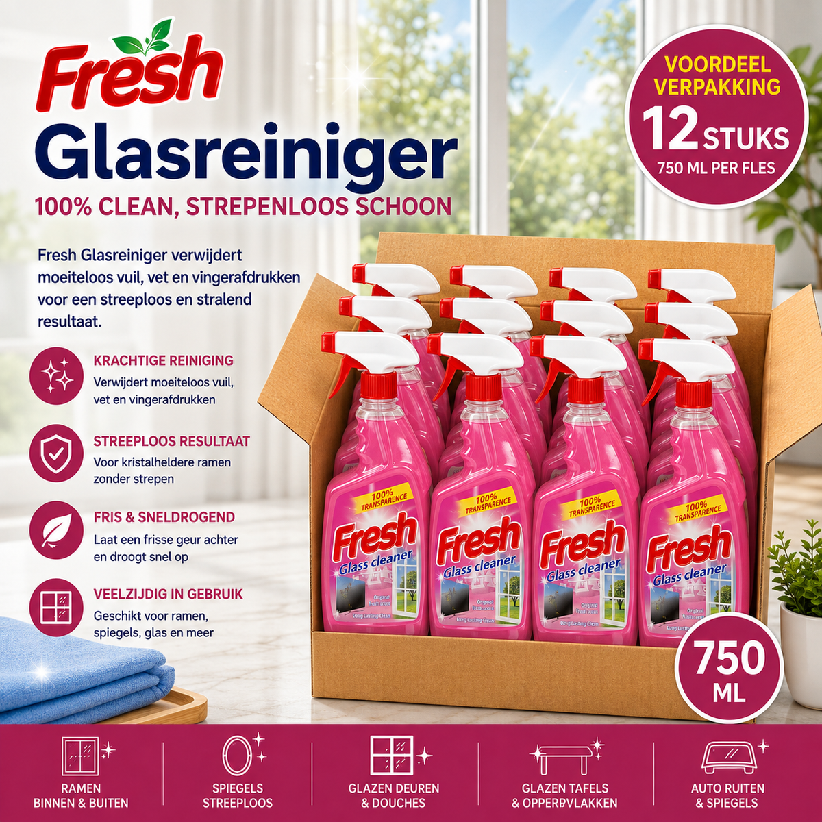 12xFresh Glas & Multi Schoonmaak Spray - 12 x 750 ml, Professioneel Grade, Pink, Verwijdert Vlekken en Sporen, Optimaal voor Ramen en Spiegels, Snelle Verdamping, Minimaal Inspannin
