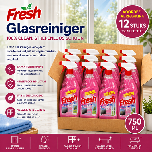 12xFresh Glas & Multi Schoonmaak Spray - 12 x 750 ml, Professioneel Grade, Pink, Verwijdert Vlekken en Sporen, Optimaal voor Ramen en Spiegels, Snelle Verdamping, Minimaal Inspannin