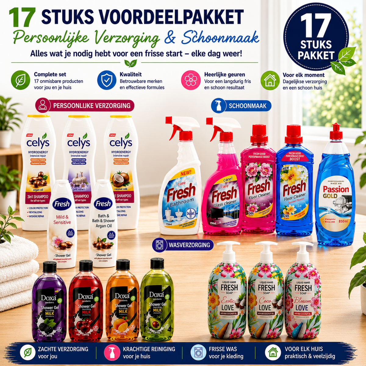 A promotional collage showing a 17-piece cleaning product set with multiple household cleaning bottles and tubes from brands like Celsys, Fresh, Passion Geldo, and Dove. The products are arranged on a light wooden surface with towels and green leaves in the background, accompanied by Dutch marketing text and icons.