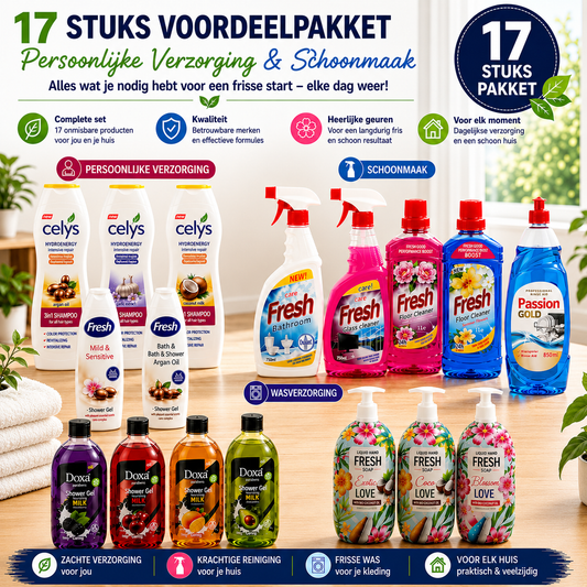 A promotional collage showing a 17-piece cleaning product set with multiple household cleaning bottles and tubes from brands like Celsys, Fresh, Passion Geldo, and Dove. The products are arranged on a light wooden surface with towels and green leaves in the background, accompanied by Dutch marketing text and icons.