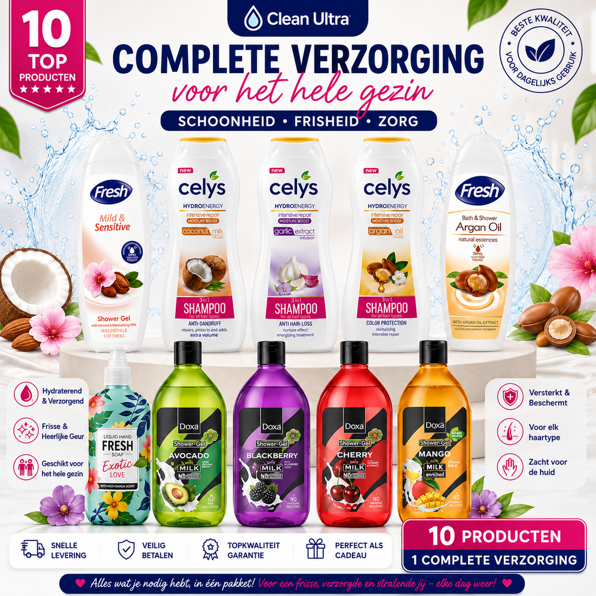 Complete Verzorgingspakket – 10 Stuks | Shampoo, Douchegel & Handzeep
