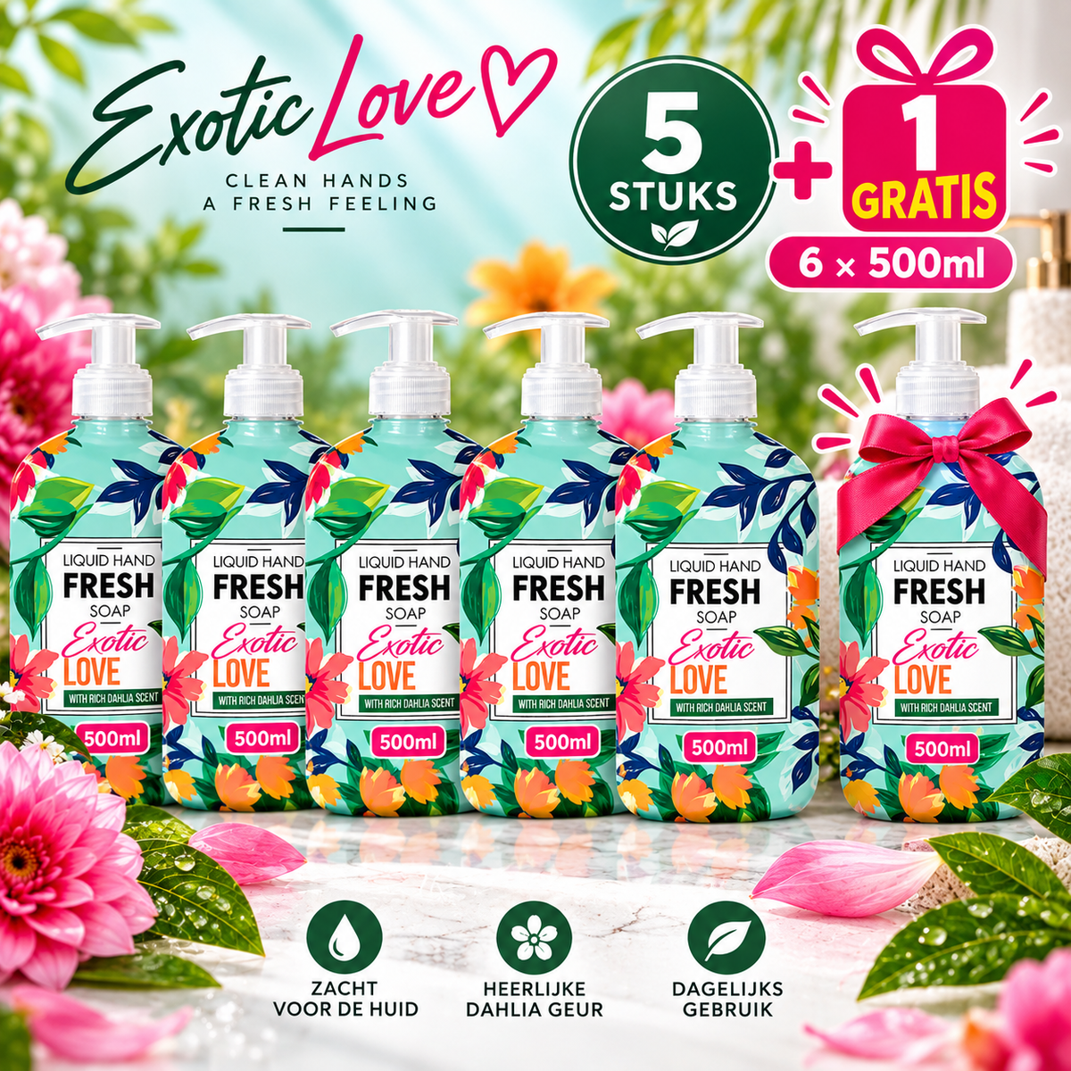 Fresh Liquid Hand Soap Voordeelpakket – 5 + 1 Gratis – 6 x 500 ml – 3 Geuren