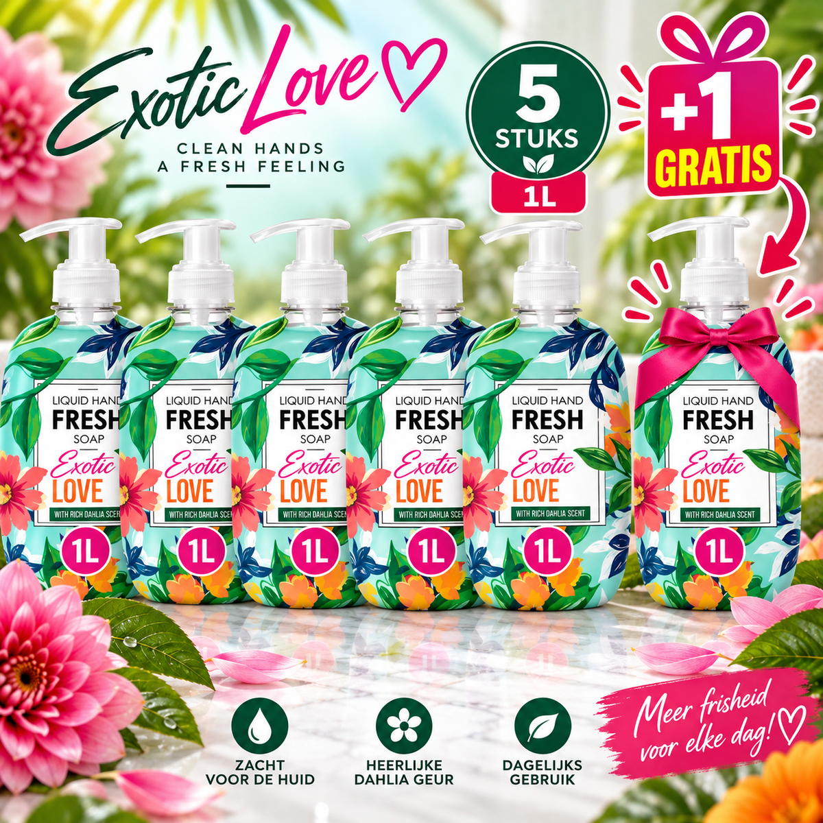 Fresh Exotic Love Vloeibare Handzeep – 5 + 1 Gratis – 6 x 1L – Exotic Geur