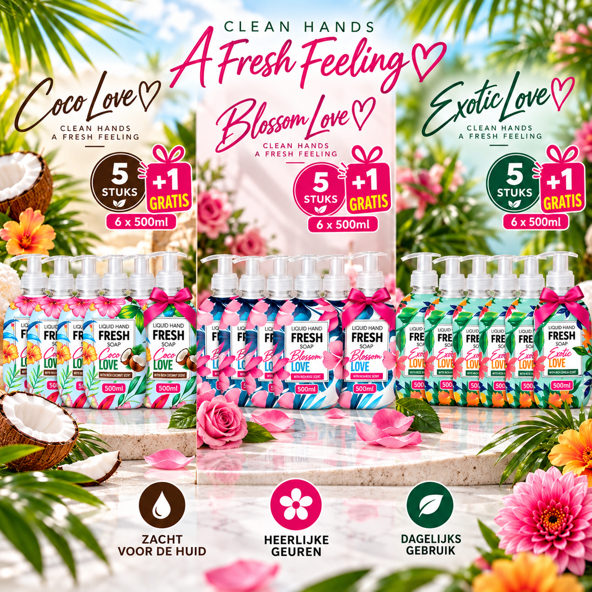 Fresh Liquid Hand Soap Voordeelpakket – 5 + 1 Gratis – 6 x 500 ml – 3 Geuren