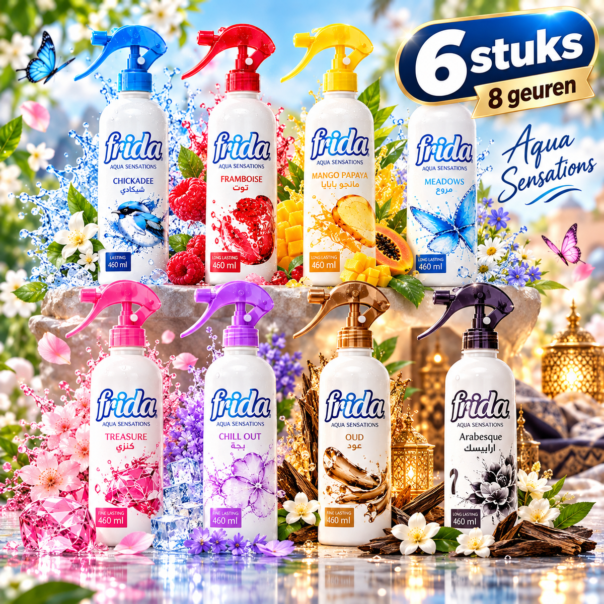 6 Stuks Frida Aqua Sensations Luchtverfrisserspray 460 ml – Verkrijgbaar in 8 Geuren